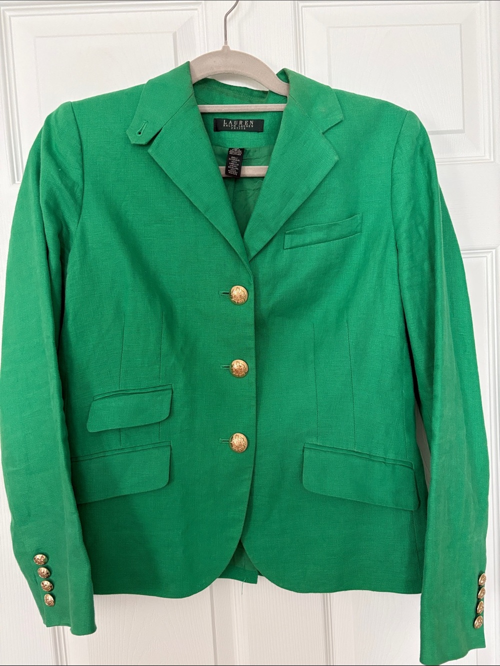 Lauren Ralph Lauren Bright Kelly Green 100% Linen Blazer with Gold Buttons